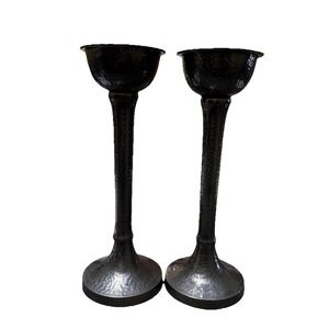Pair of Vintage Hammered Metal Candlesticks Black Pewter Gothic Modern 12"